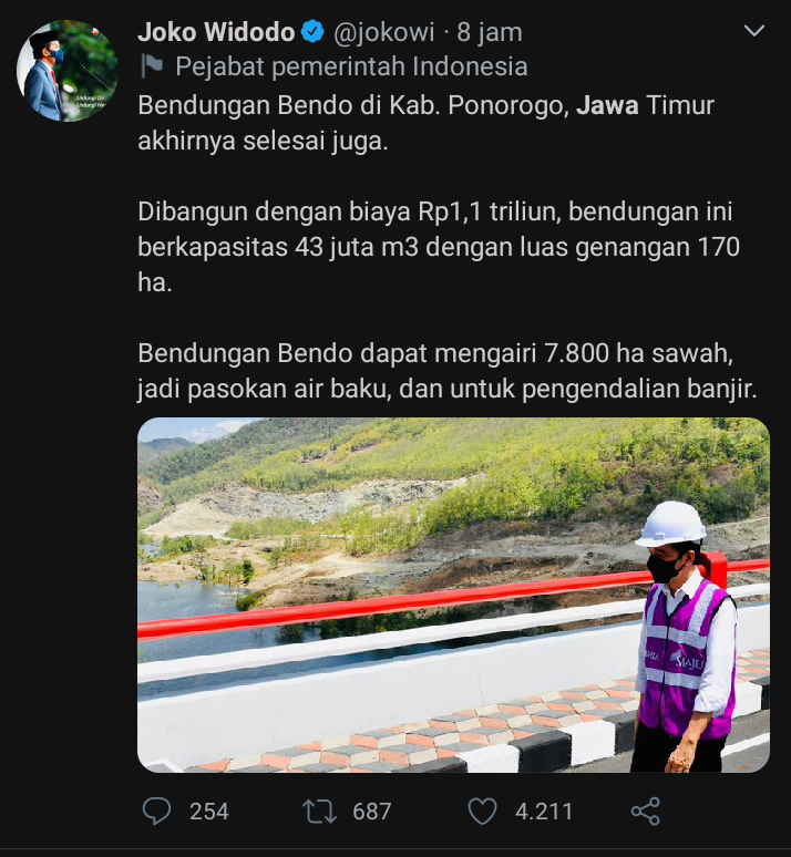 Unggahan Jokwi setelah sukses membangun Bendungan Bendo di Ponorogo Jawa Timur