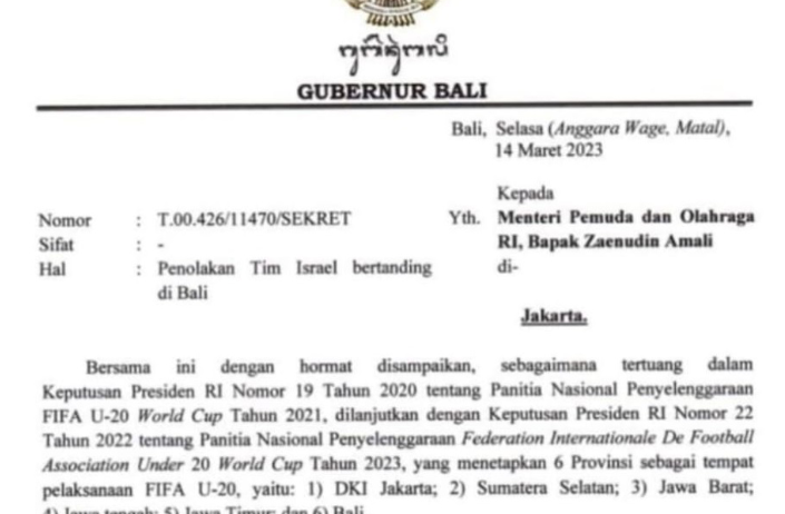 Potongan surat Gubernur Bali terhadap Menpora yang menegaskan penolakannya terhadap kehadiran Timnas Israel di Piala Dunia U-20 Indonesia.