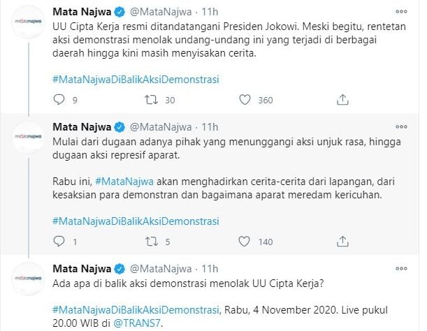 Jadwal Acara Transtv Trans7 Rabu 4 November 2020 Ada Mata Najwa Bahas Di Balik Aksi Demo Tolak Uu Sepasi Media