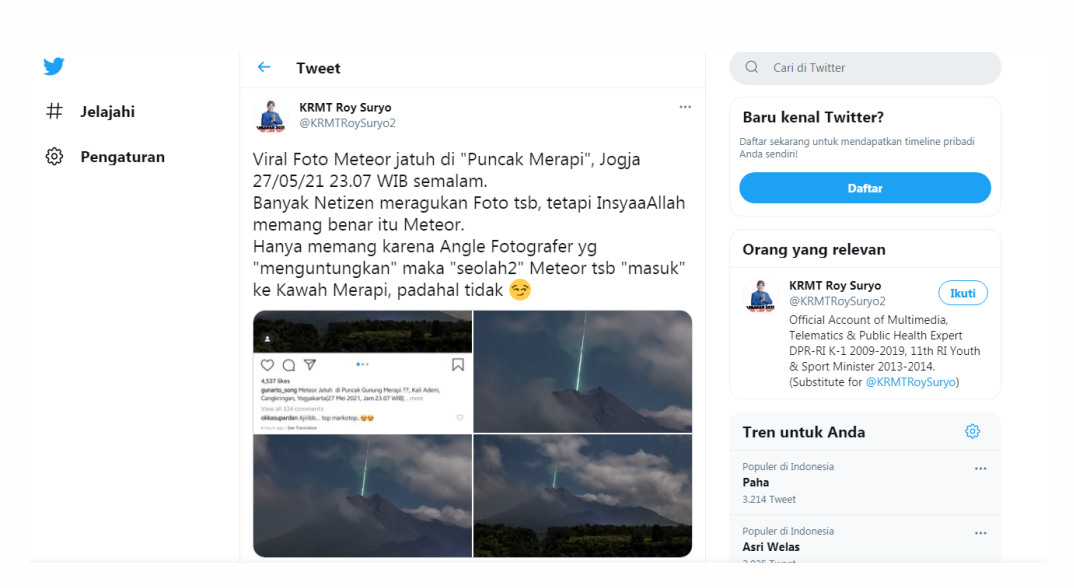 Pakar Telematika Roy Suryo mengomentari foto meteor yang jatuh di Puncak Merapi dan menyebutnya sebagai asli/Twitter/@KRMTRoySuryo2