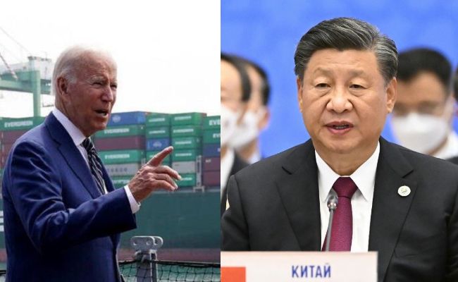 Kolase potret  Joe Biden dan Xi Jinping.