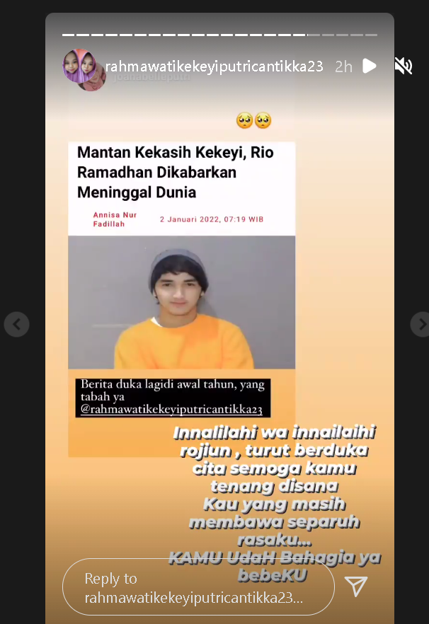 Instagram Stories Kekeyi mengucapkan belasungkawa untuk sang mantan, Rio Ramadhan