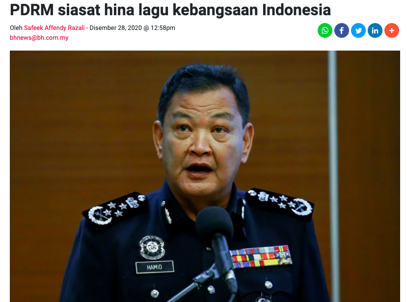 Tangkapan layar salah satu media Malayasi Berita Harian yang menyoroti kasus video penghinaan lagu Indonesia Raya, Senin 28 Desember 2020.*