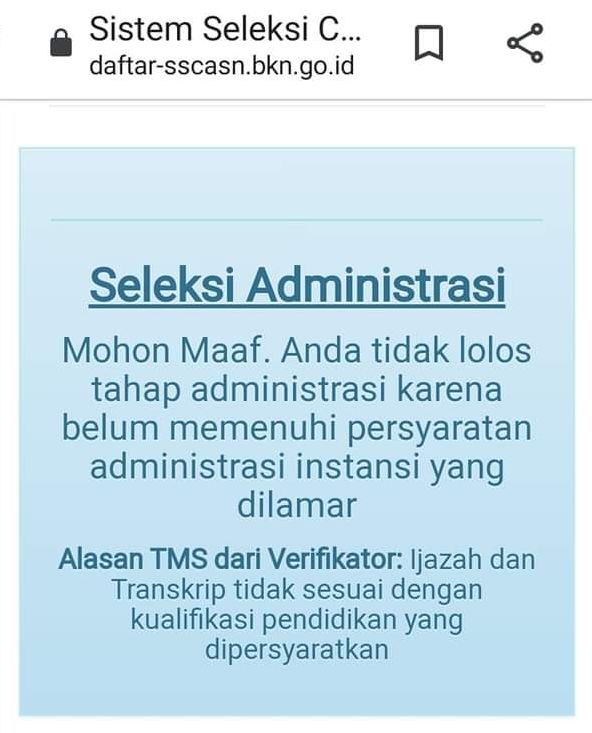 Tak Memenuhi Syarat (TMS) seleksi administrasi PPPK 2022/SSCASN