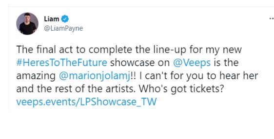 Liam Payne menggaet Marion Jola dalam showcase online berjudul 'Heroes To The Future' yang diselenggarakan pada 30 Juli 2021.*
