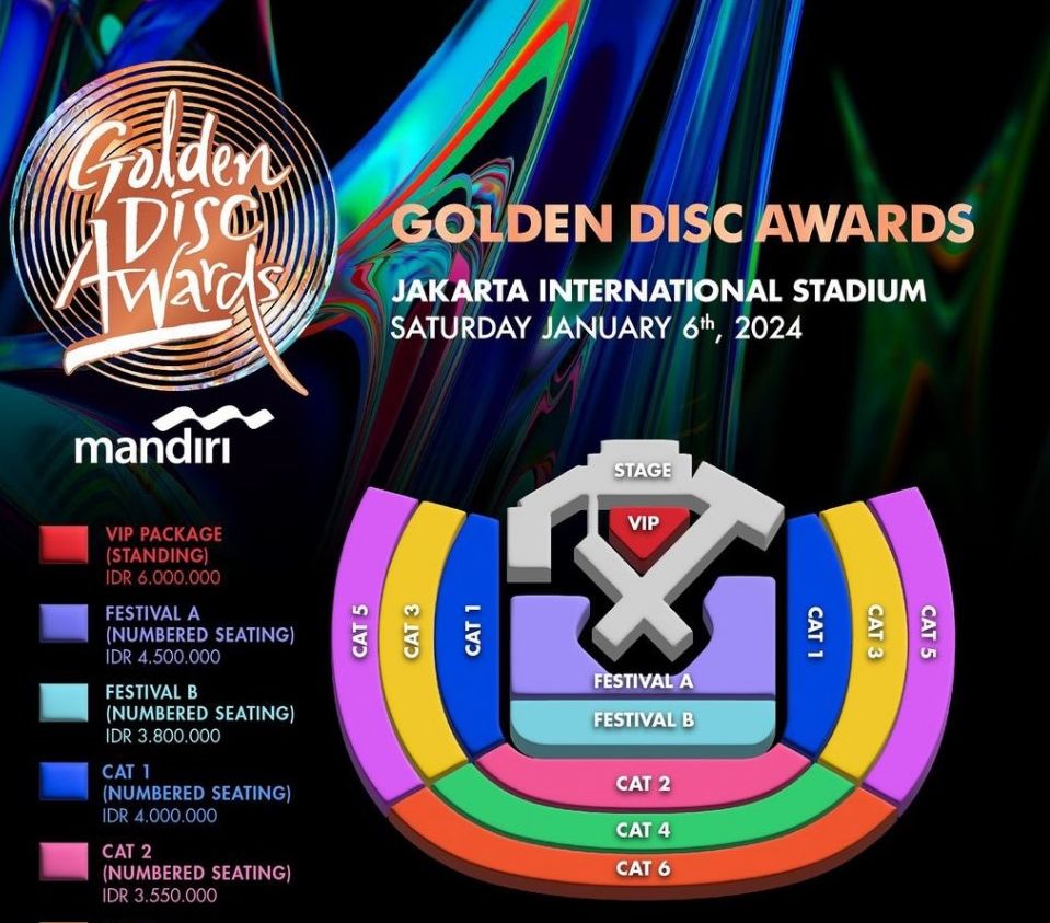 Penumuman Harga tiket dan seating _plan yang diumumkan oleh promotor untuk Golden Disc Awards 2024 di Jakarta.