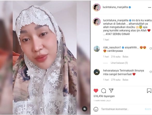 Lucinta Luna Unggah Video Pakai Mukena dan Baca Doa Ayat Seribu Dinar, Netizen: Masya Allah
