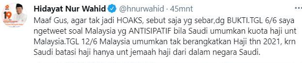 Hidayat Nur Wahid minta maaf ke Menag RI atas imbauannya soal penyelenggaraan haji.//Tangkapan layar Twitter @hnurwahid