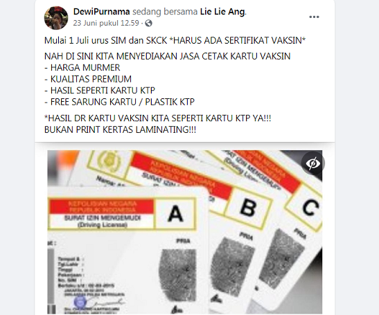 Unggahan yang mengklaim bahwa mulai 1 Juli 2021 membuat SIM dan SKCK harus punya sertifikat vaksinasi Covid-19./Tangkap layar Facebook DewiPurnama