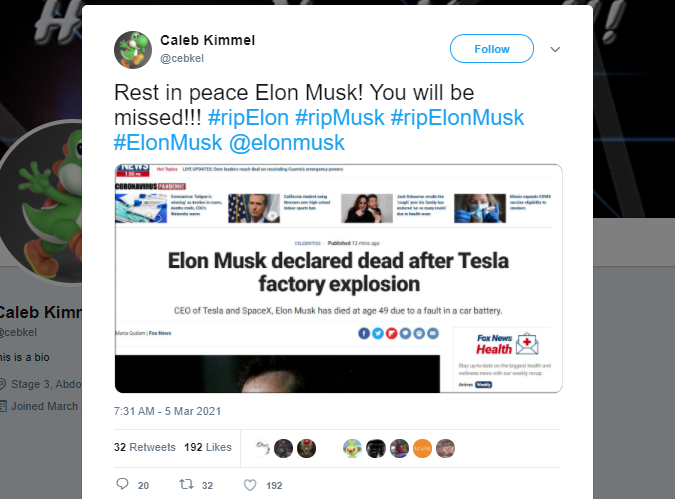Tangkapan layar terkait Elon Musk meninggal dunia (HOAX)/Twitter/ @cebkel