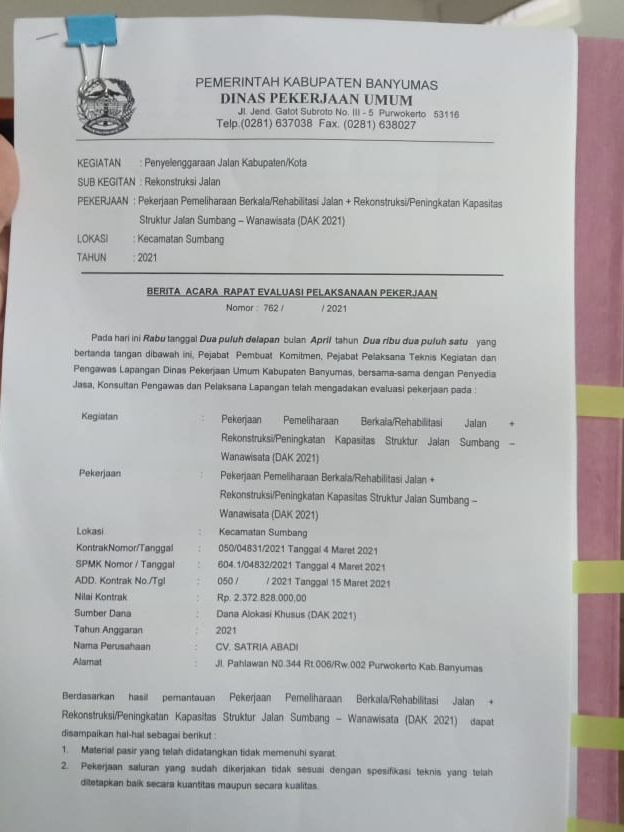 Berita acara DPUPR dengan pihak CV Satria Abadi Banyumas.
