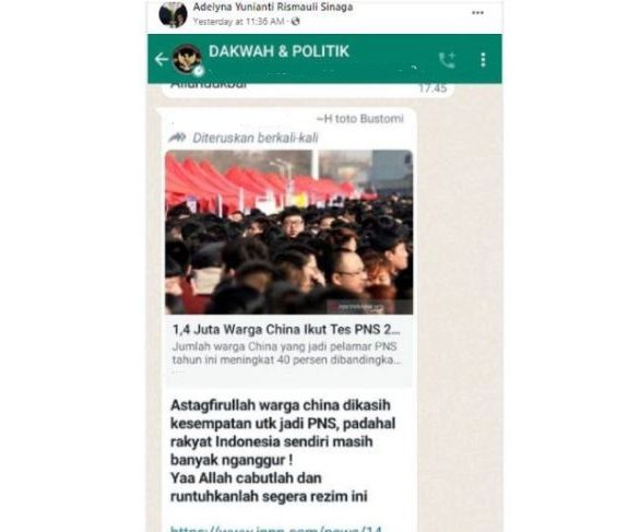 Beredar kabar hoaks mengklaim Indonesia beri kesempatan untuk warga China jadi PNS.