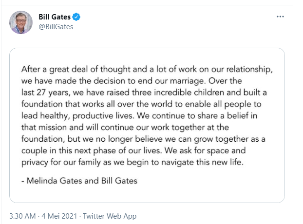 Bill Gates dan Melinda Gates memutuskan untuk bercerai usai menikah selama 27 tahun. Diakui tidak dapat lagi tumbuh bersama.*