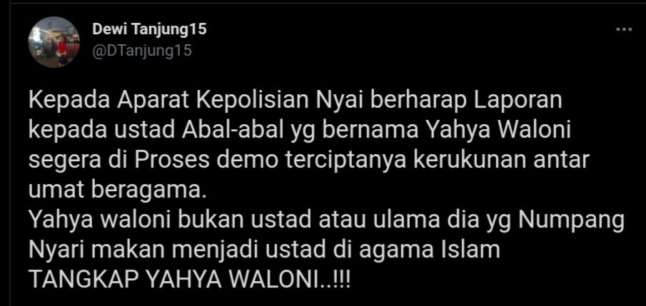 Cuitan Dewi Tanjung soal Yahya Waloni.