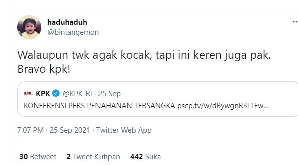 Meski menyinggung tentang pegawainya yang di PHK karena tak lolos TWK, Bintang Emon memuji jika KPK keren atas penangkapan Azis Syamsuddin