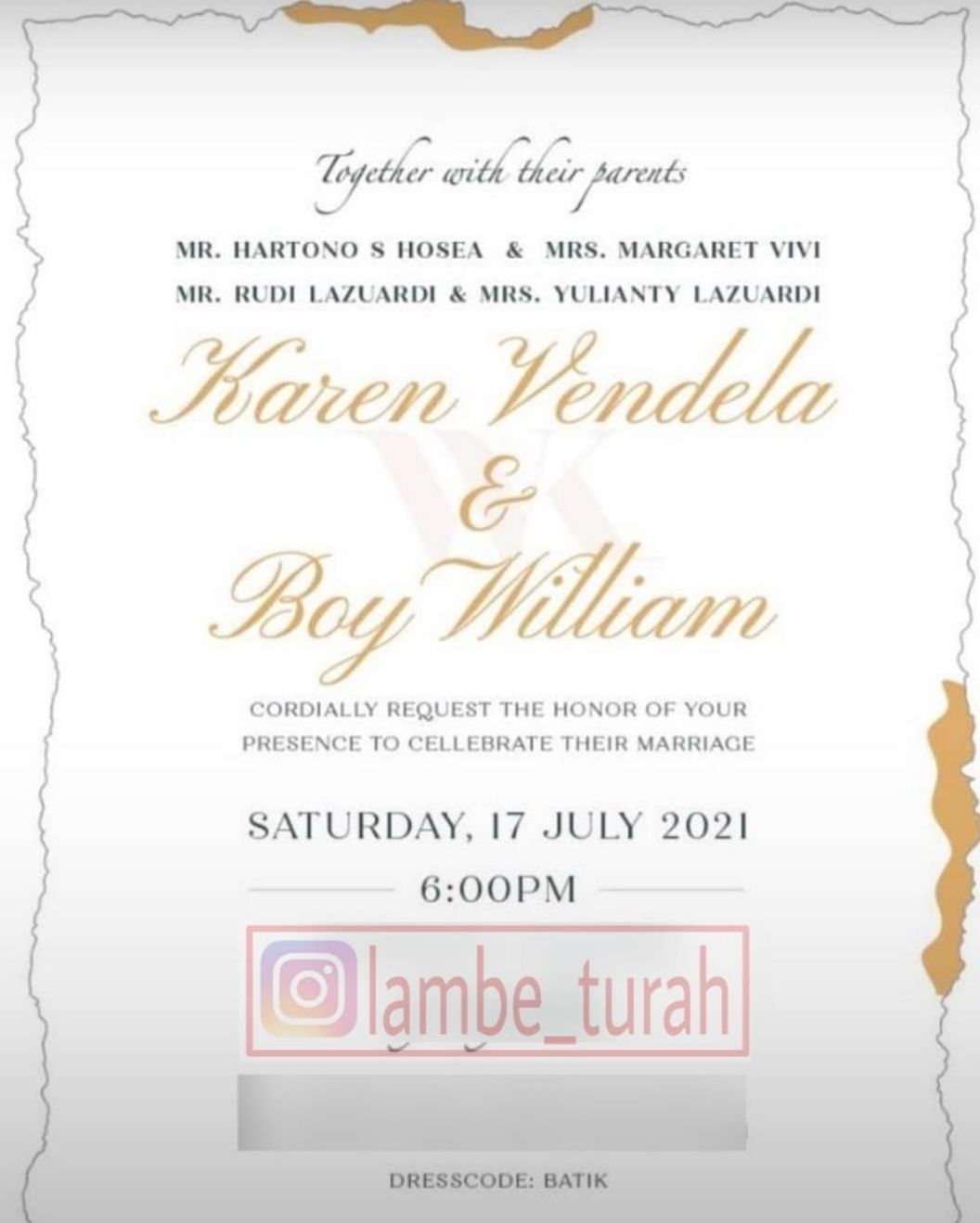 Undangan pernikahan Boy William dan Karen Vendella./Instagram.com