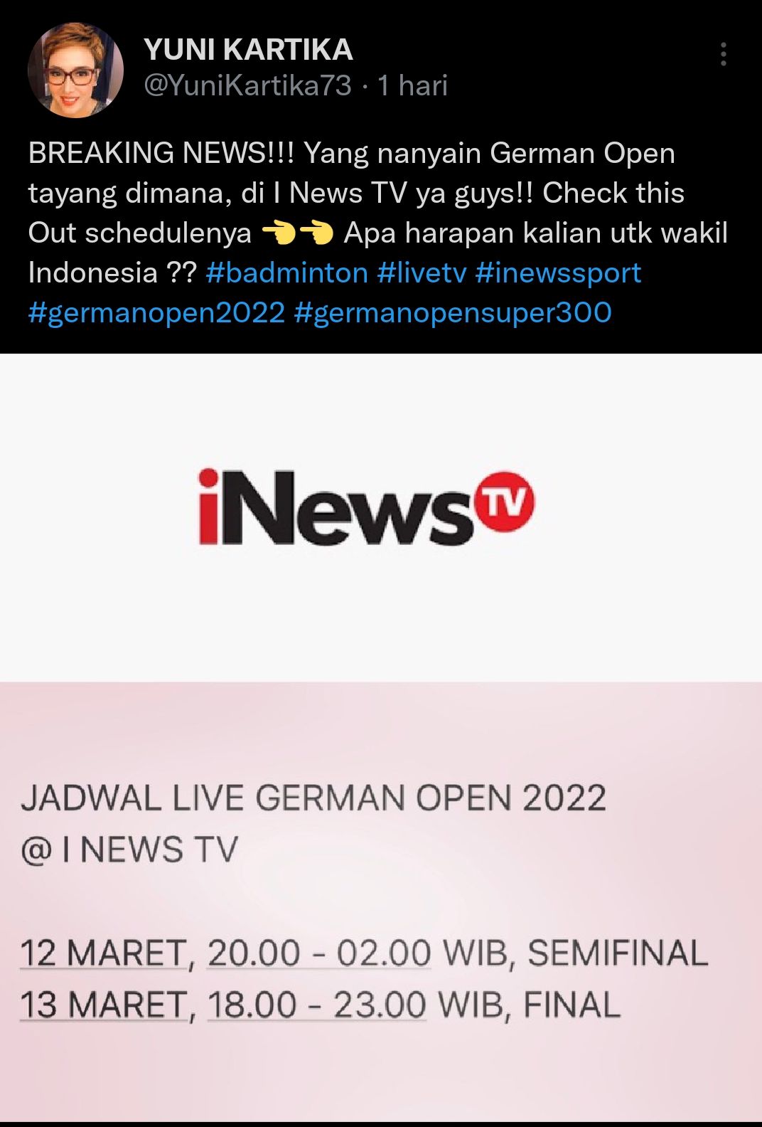 Jadwal siaran langsung German Open 2022/Tangkapan layar Twitter/@YuniKartika73