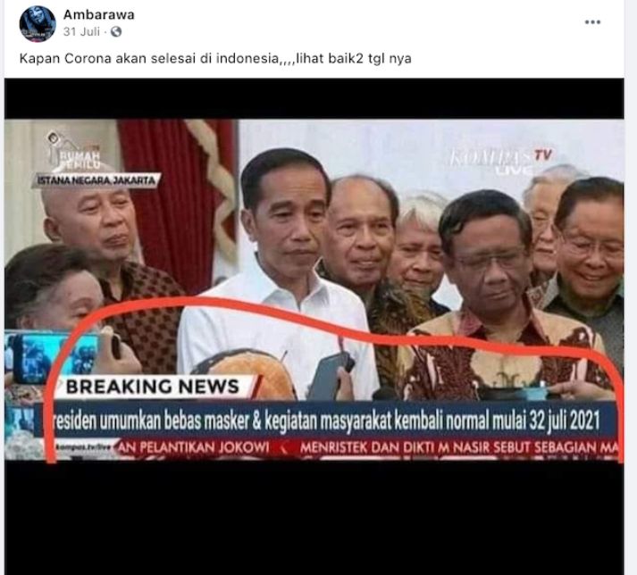 Tangkapa layar narasi Presiden Jokowi umumkan Indonesia bebas masker