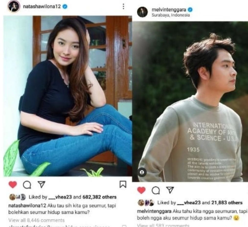 Tangkap layar akun media sosial Instagram Natasha Wilona dan Melvin Tenggara