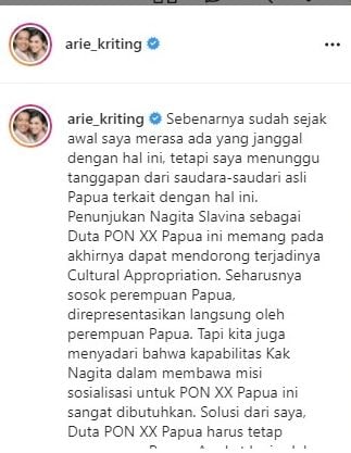 Unggahan Arie Kriting yang komentari penunjukkan Nagita Slavina sebagai Duta PON XX Papua.