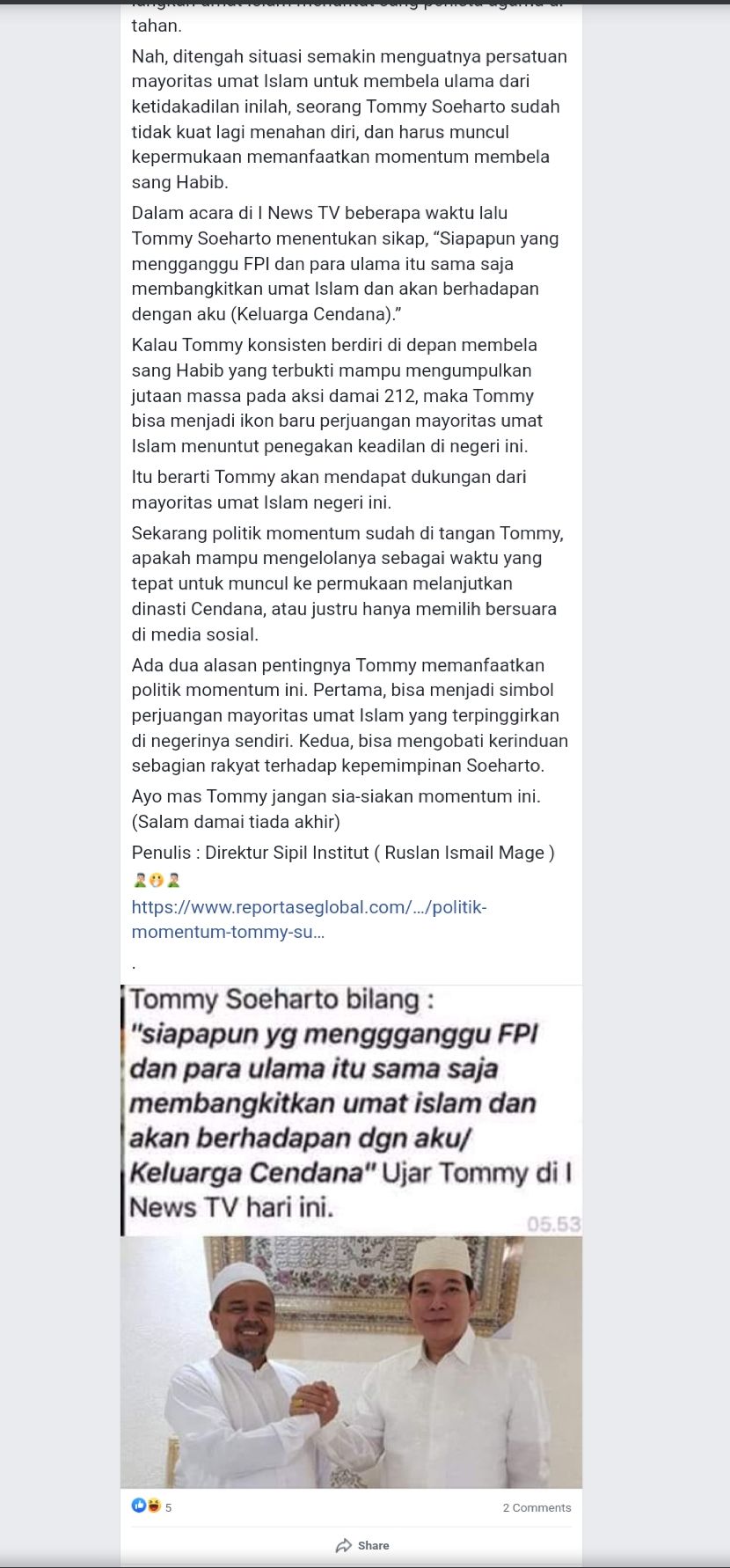 Postingan tentang ancaman Tommy Soeharto
