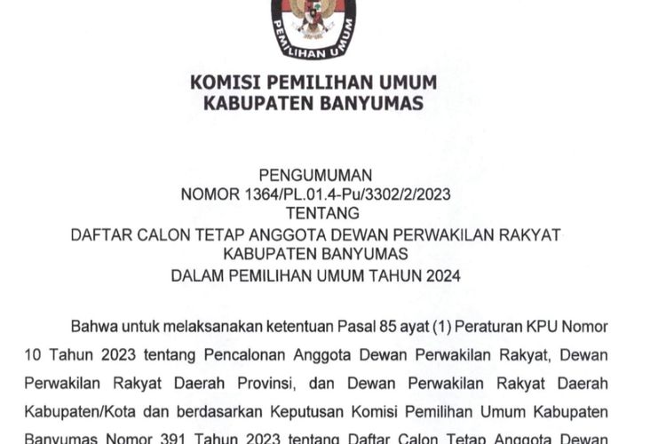 Daftar Calon Tetap Anggota Dewan Perwakilan Rakyat Banyumas Dalam ...