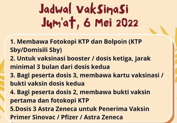Jadwal vaksin Booster Aztrazeneca Jumat, 6 Mei 2022 yang diadakan Puskesmas Dr. Soetomo Surabaya.