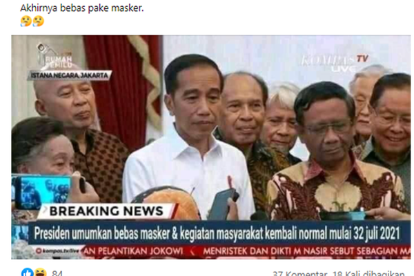 Tangkapan layar hoaks Jokowi mengumumkan Indonesia bebas masker.