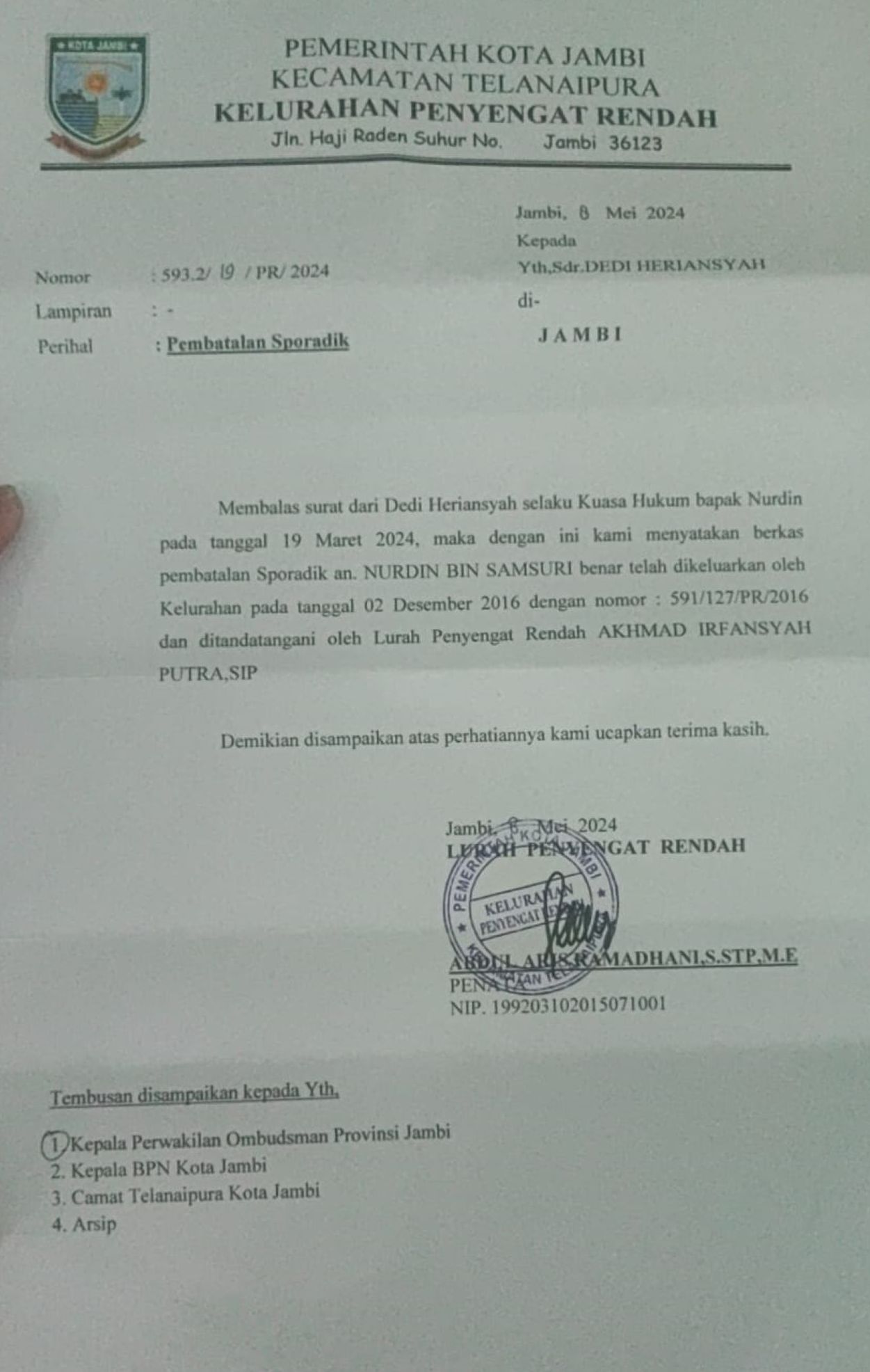 Surat ditujukan ke Ombudsman Jambi