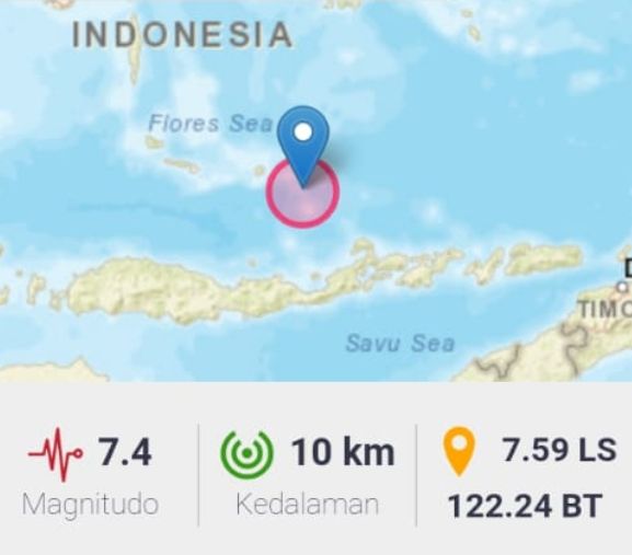  Gempa Terkini Magnituo 7,4 Guncang Larantuka NTT, berpotensi Tsunami