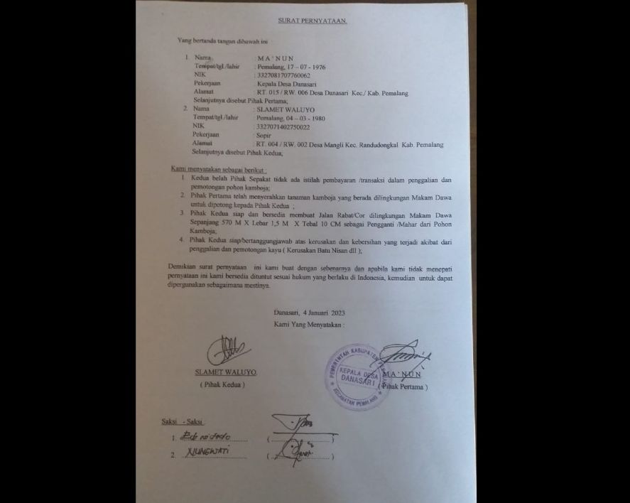 Surat Pernyataan Terkait Penebangan Pohon Kamboja di Makam Dawa Desa Danasari Pemalang