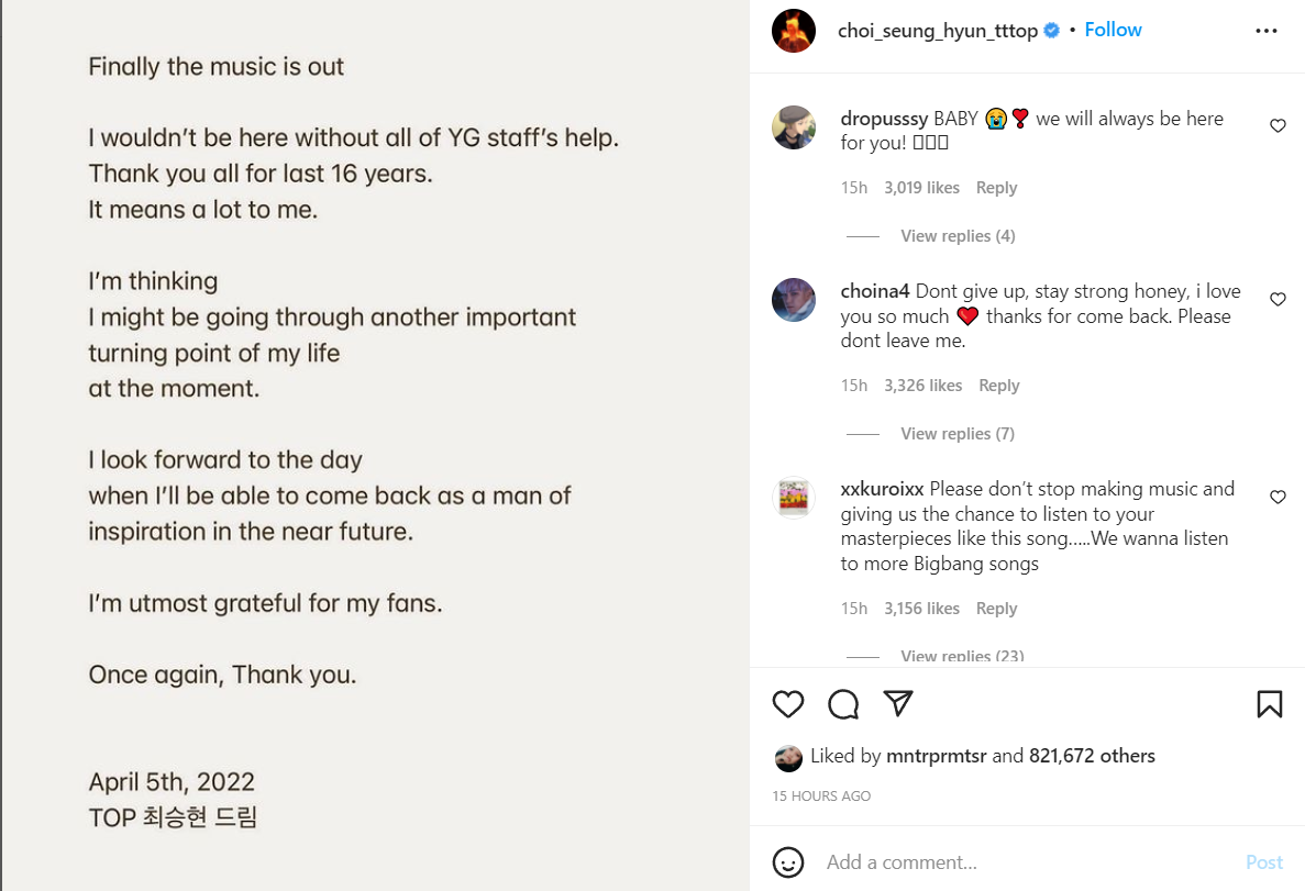 Tangkap layar unggahan Instagram @choi_seung_hyun_tttop