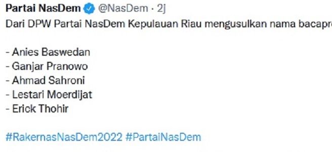Usulan bakal capres 2024 dari DPW Partai NasDem Kepri.