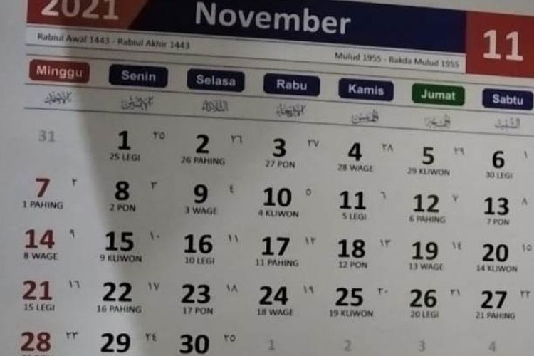 November 2021 jawa tanggalan Kalender Jawa