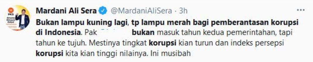 Cuitan Mardani Ali Sera mengenai indeks korupsi di Indonesia.