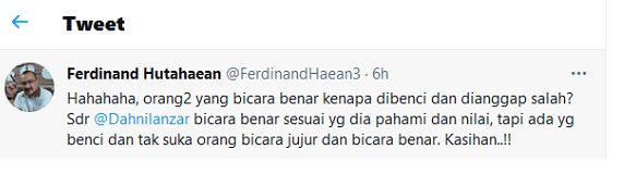 Hasil tangkap layar akun Twitter @FerdinandHaean3