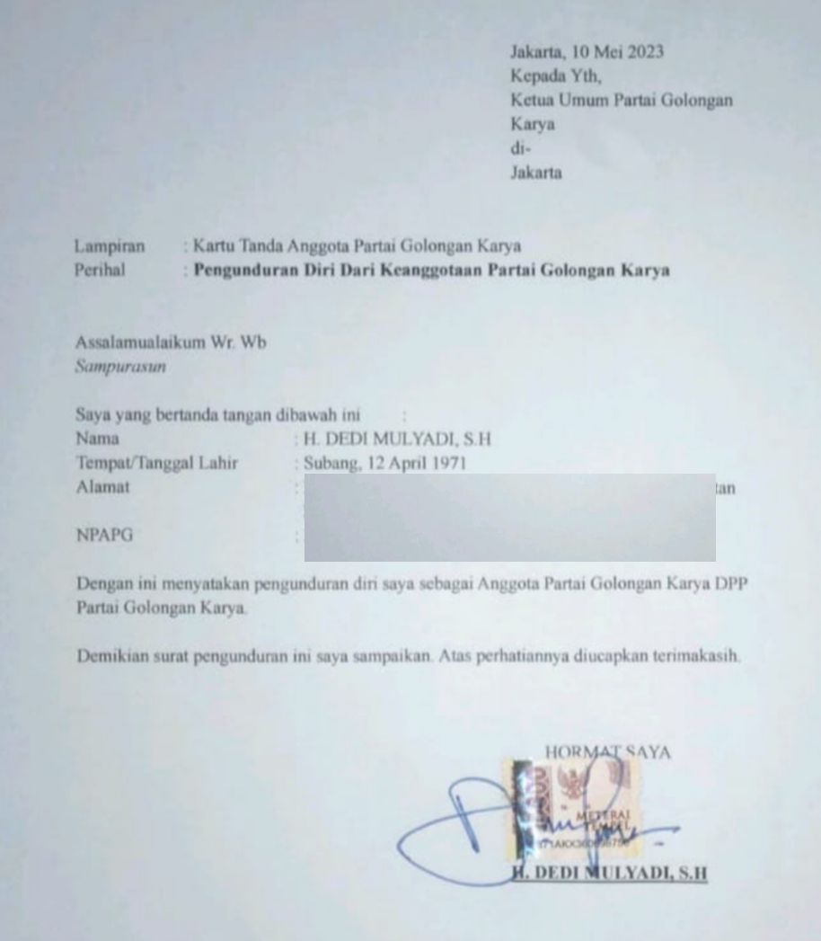 Ini Surat pengunduran diri Dedi Mulyadi tersebar di Grup-grup WA.