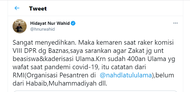 Tangkap layar unggahan Hidayat Nur Wahid