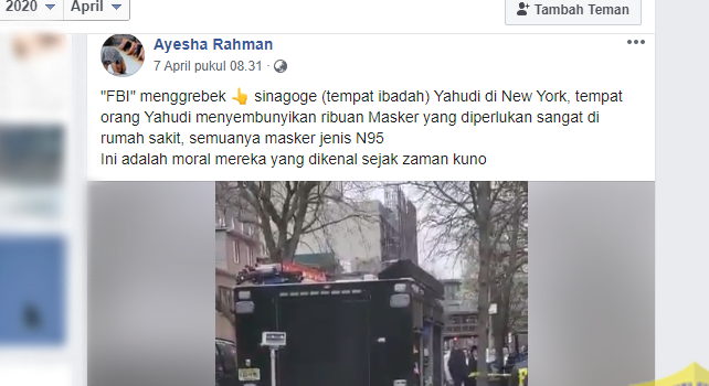 Postingan di media sosial yang menyebut sebuah sinagoge Yahudi digerebek karena menimbun masker. 
