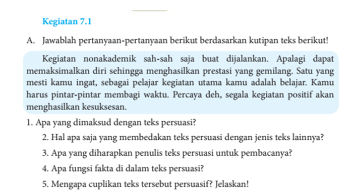 Adik-adik, simaklah pembahasan dan kunci jawaban Bahasa Indonesia kelas 8 SMP MTs halaman 178 semester 2, kegiatan 7.1 terkait teks persuasif.