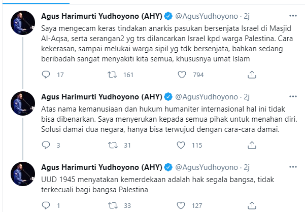 Agus Harimurti Yudhoyono (AHY) menanggapi peristiwa penyerangan oleh pasukan bersenjata Israel kepada Masjid Al Aqsa. 