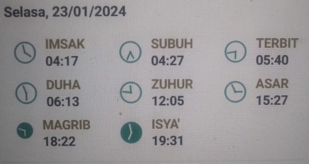 Jadwal shalat untuk Kota Bandung dan sekitarnya, 11 Rajab 1445 Hijriah/23 Januari 2024 Masehi.