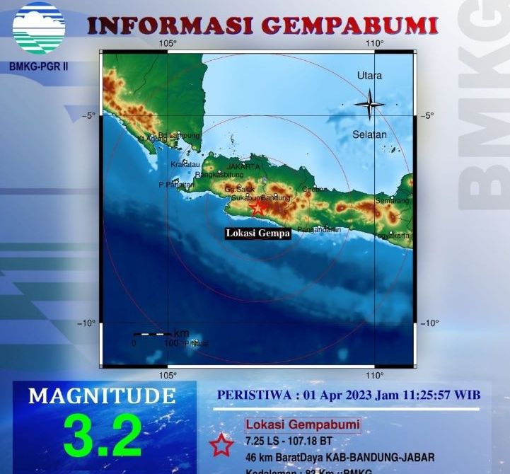Peta pusat gempa bumi tektonik yang melanda wilayah Kabupaten Bandung Jawa Barat Sabtu 1 April 2023.