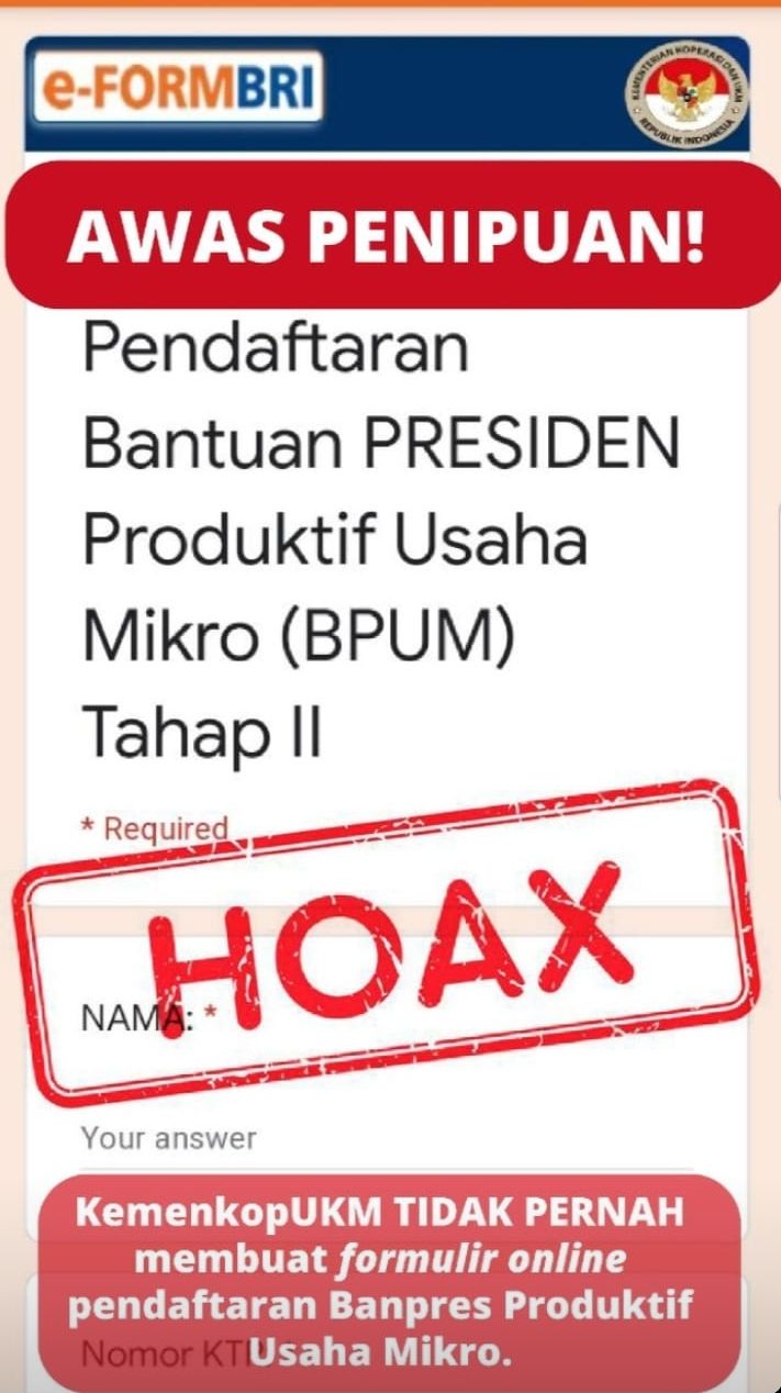 Tangkapan layar Instagram KemenkopUMK tentang link pendaftaran online BLT UMKM Rp2,4 juta yang merupakan hoax