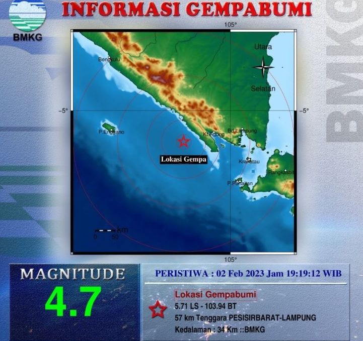 Peta pusat gempa bumi magnitudo 4,7 yang melanda Provinsi Lampung akibat aktivitas Subduksi Lempeng Indo-Australia .