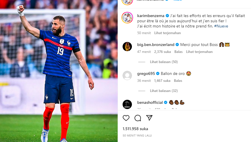 Sehari usai Prancis kalah dari Argentina di final Piala Dunia 2022 di Qatar, Karim Benzema menyatakan mundur dari Timnas Prancis