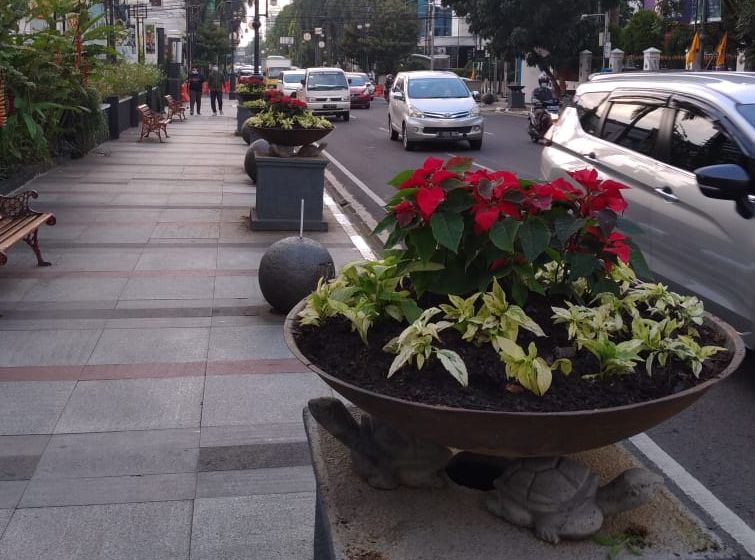 Pemasangan kembali bunga Kastuba di Jalan Asia Afrika Kota Bandung.