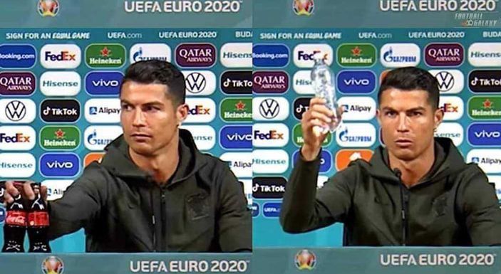 Ronaldo tampak menggeser botol minuman soda dan memberi pesan minum air.