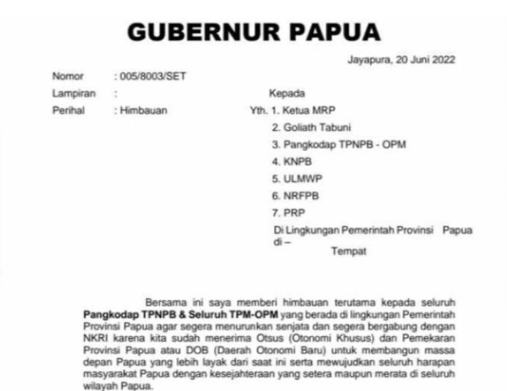 Surat imbauan Gubernur Papua yang viral di media sosial