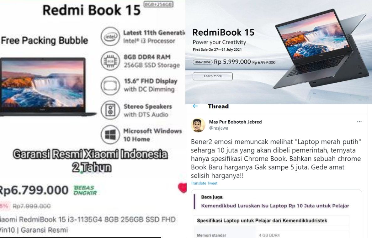 Kolase cutian netizen dengan perbandingan spesifikasi Laptop Merah Putih.